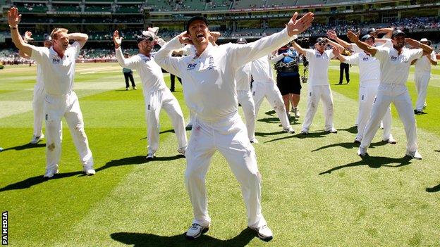 Graeme Swann leads the 'Sprinkler' dance after England retain the Ashes with victory in Melbourne in 2010