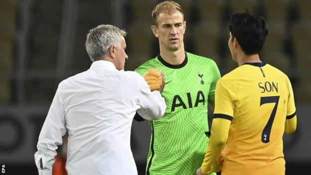 Joe Hart at the end of the match with Jose Mourinho and Son Heung-min