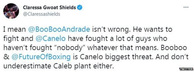 Claressa Shields on Twitter says Andrade is Canelo's biggest threat