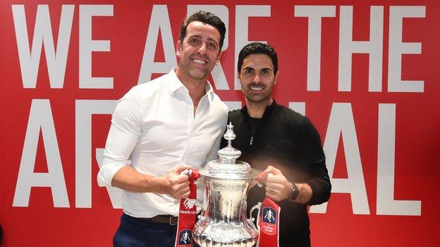 Edu with Mikel Arteta after Arsenal's FA Cup victory in August