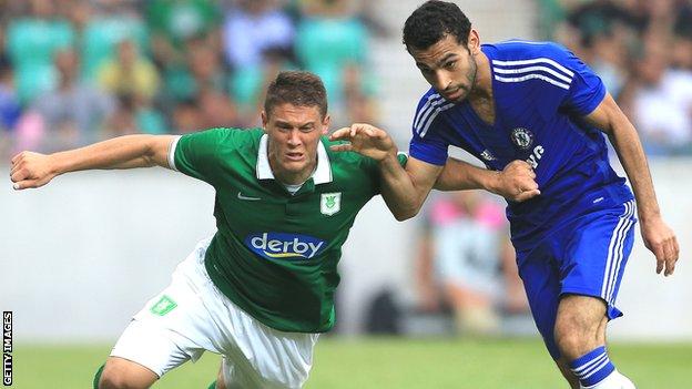 Filip Valencic (left) of Olimpija Ljubljana in action against Chelsea's Mohamed Salah