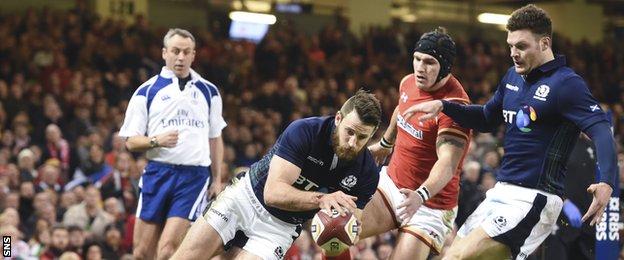 Tommy Seymour scores a try for Scotland against Wales