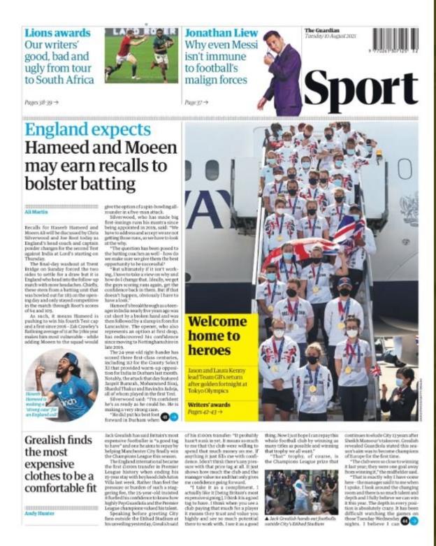Tuesday's Guardian back page with a headline 'Why even Messi isn't immune to football's malign forces'