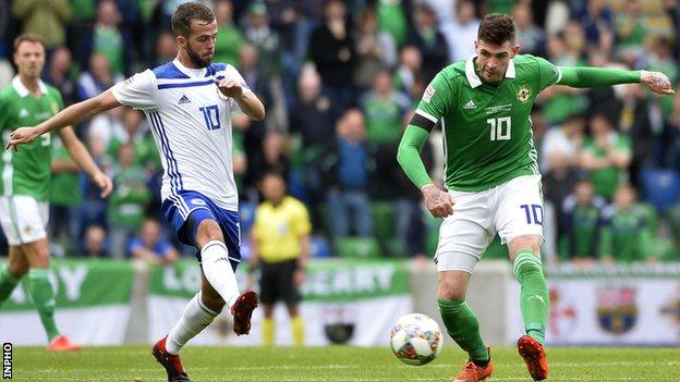 Kyle Lafferty battles with Miralem Pjanic in last month's game against Bosnia-Herzegovina