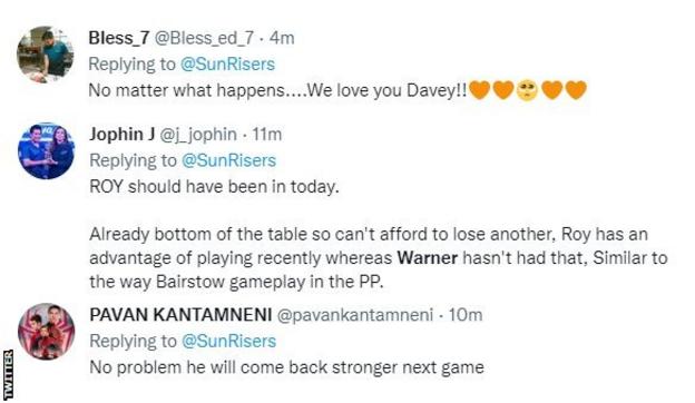 Sunrisers fans on Twitter react to David Warner's dismissal. One fan says "No matter what happens....We love you Davey", another says he will "come back stronger", while a third fan says "Roy should have been in today".