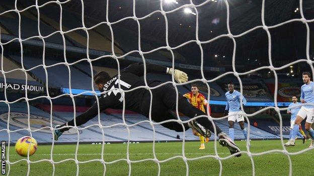Ederson is beaten by a deflected goal