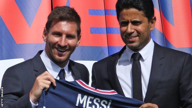 Paris St-Germain president Nasser Al-Khelaifi welcomes Lionel Messi to the French club