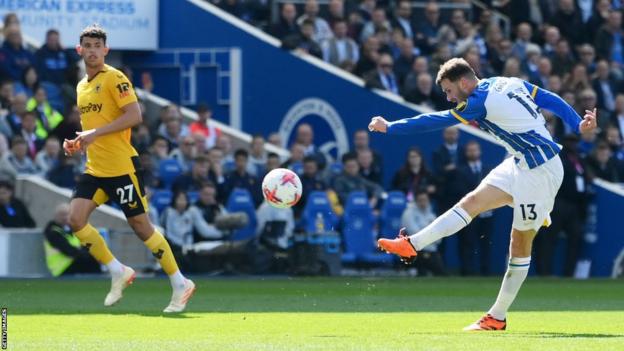 Pascal Gross scores Brighton's third goal in a resounding victory over Wolvers at Amex Stadium