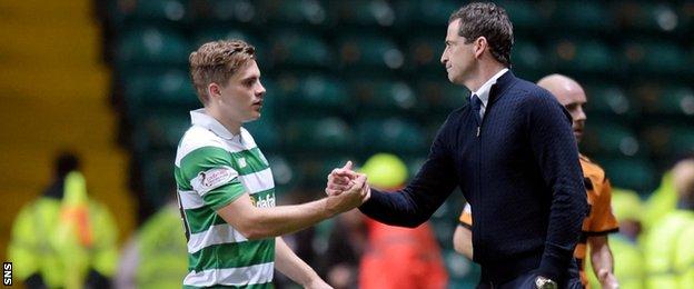 Jack Ross shakes hands with Celtic winger James Forrest