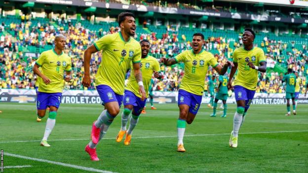 Lucas Paqueta celebrates scoring for Brazil