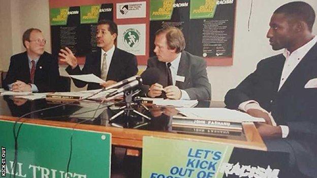 Herman Ouseley (second from left) launches Kick It Out alongside PFA chairman Gordon Taylor (second from right) and former Wimbledon player John Fashanu (right)