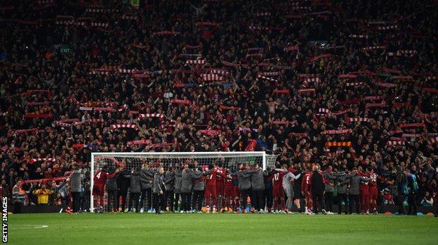 Liverpool's players celebrate in front of the Kop after their Champions League semi-final win over Barcelona last season