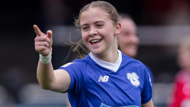 Rhianne Oakley of Cardiff City Women FC celebrates scoring the