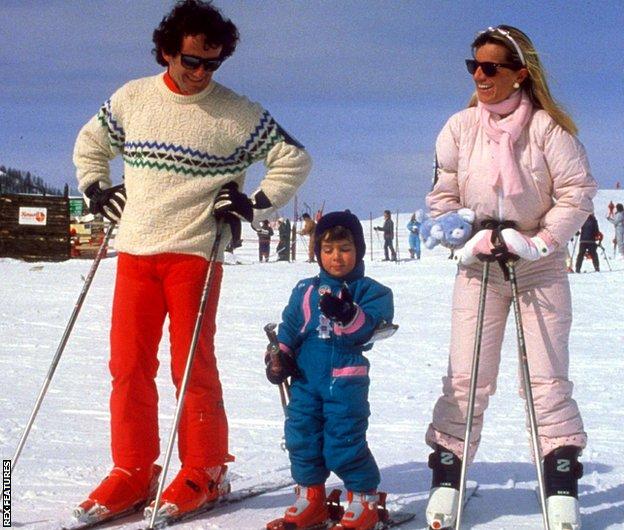 Alain Prost skiing with his son and wife in 1985