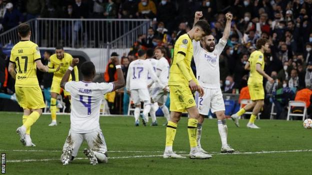 The players of Real Madrid and Chelsea react after the final whistle of their Champions League tie
