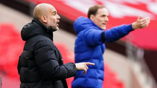 Pep Guardiola and Thomas Tuchel on the touchline in a match