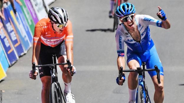 Overall winner Jay Vine and stage winner Simon Yates celebrate at the end of the final stage of the Tour Down Under