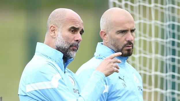 Pep Guardiola with Enzo Maresca during Manchester City training