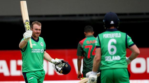 Irish opener Paul Stirling celebrates his century against Bangladesh on Wednesday