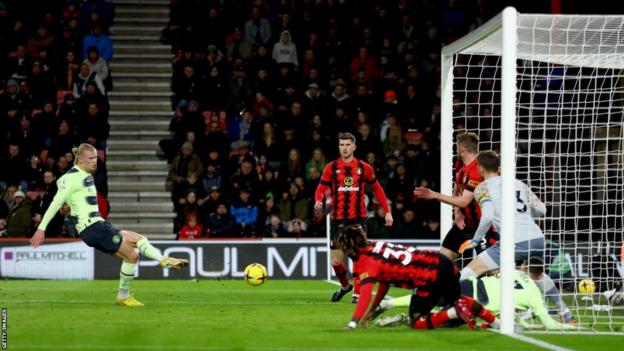 Erling Haaland scores against Bournemouth