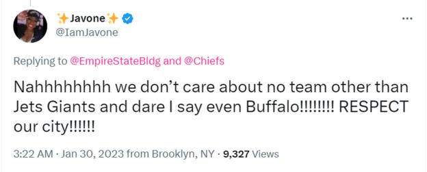 A tweet saying "Nahhhhhhh we don't care about no team other than Jets Giants and dare I say even Buffalo!!!!!!!!  RESPECT our city!!!!!!"