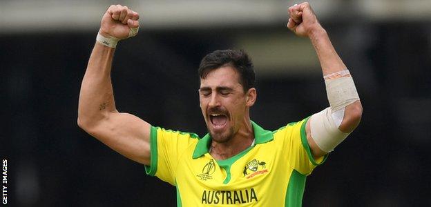 Australia fast bowler Mitchell Starc celebrates a wicket against England in the World Cup group stage match