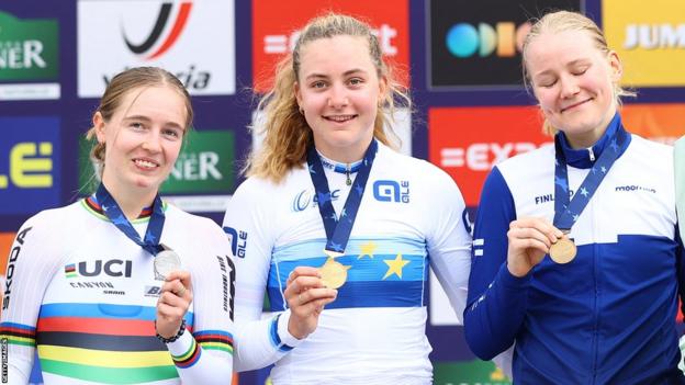 L-R, second German Antonia Niedemaier, winner Britain's Zoe Backstedt and third Finland's Anniina Ahtosalo celebrate on the podium of the U23 women individual time trial at the UEC Road European Championships