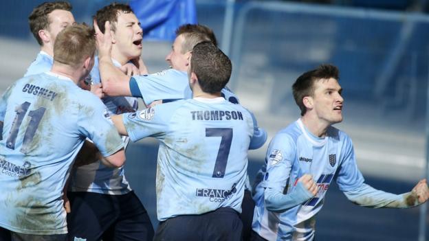 What a moment for Eoin Kane - he celebrates scoring Ballymena's third goal and United go on to clinch a 3-2 victory