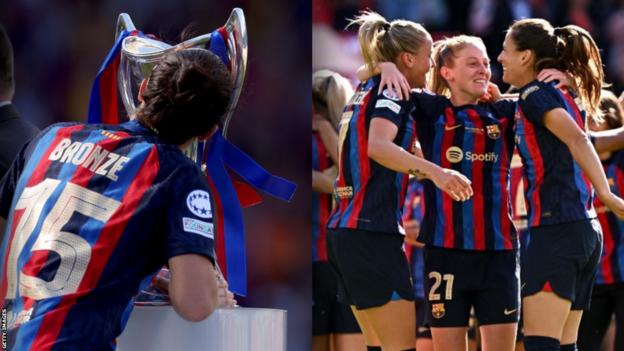 Lucy Bronze and Keira Walsh celebrate winning the Women's Champions League
