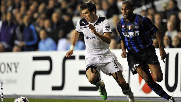 Tottenham's Gareth Bale against Inter Milan's Maicon