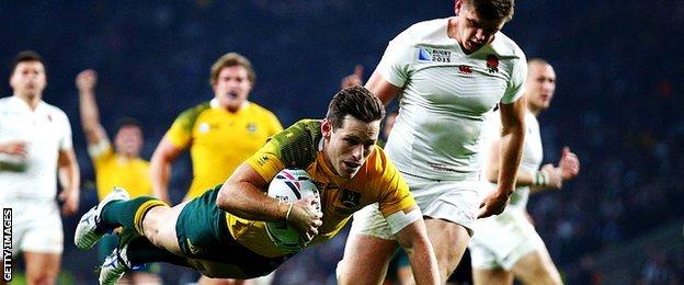 Bernard Foley scoring a try during Australia's win over England at the 2015 World Cup