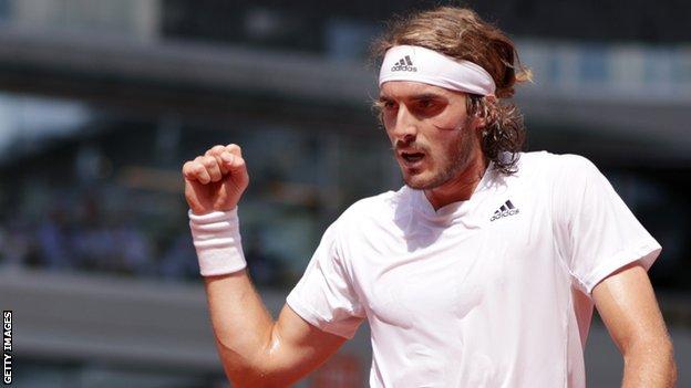 Stefanos Tsitsipas celebrates winning a point in his French Open semi-final win