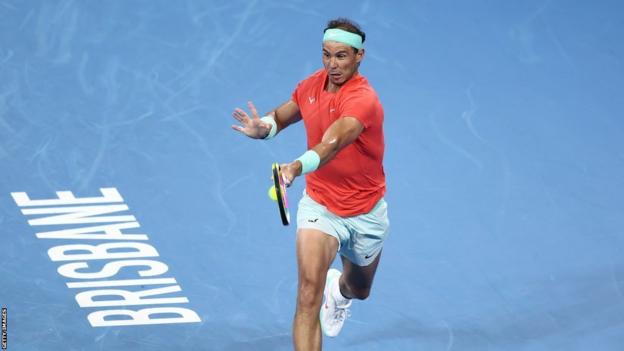 Rafael Nadal strikes a forehand against Jordan Thompson at the Brisbane International
