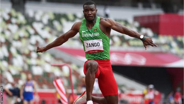 Burkina Faso's Hugues Fabrice Zango in action in the triple jump at the Tokyo Olympics