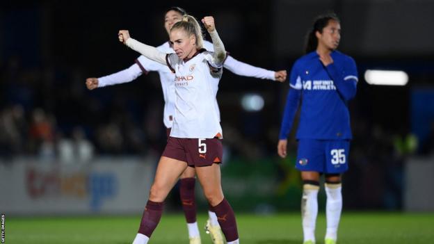Alex Greenwood celebrates against Chelsea
