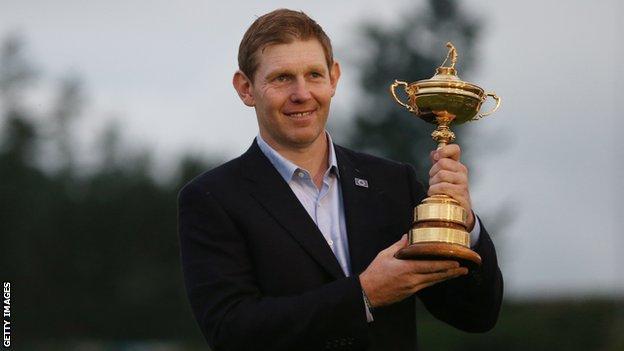 Stephen Gallacher with the Ryder Cup at Gleneagles in 2014