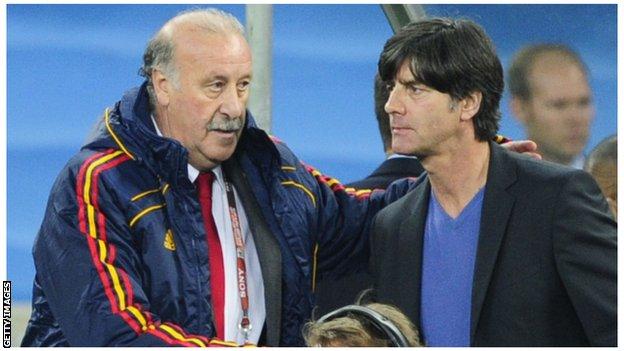 Vicente del Bosque shakes hands with Joachim Low in dugout.