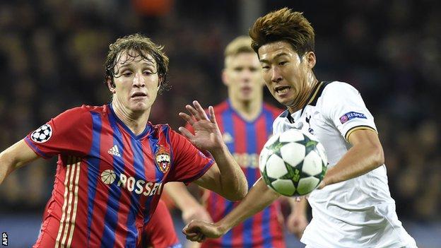 Son Heung-Min (right) vies with Mario Fernandes