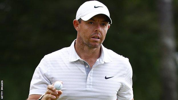 Rory McIlroy on the ninth green in the third round after carding a par four