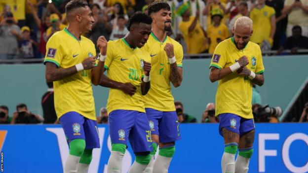 Lucas Paqueta of Brazil celebrates his goal 4-0 during the FIFA World Cup  2022, Round of 16 football match between Brazil and Korea Republic on  December 5, 2022 at Stadium 974 in