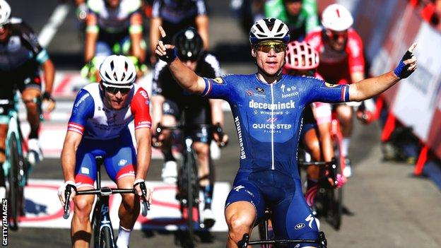 Fabio Jakobsen celebrates winning stage four of the 2021 Vuelta a Espana