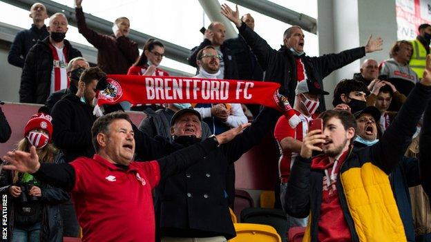 Brentford supporters at the Championship play-off semi-final second leg against Bournemouth