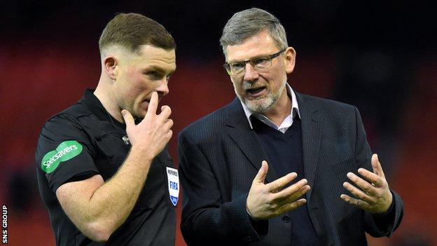 Hearts manager Craig Levein in discussion with referee John Beaton