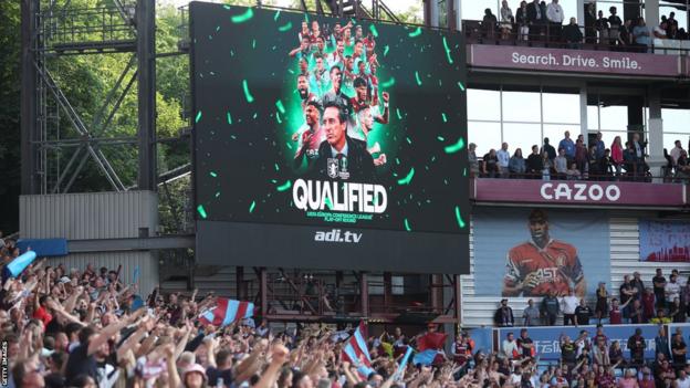 A screen showing Aston Villa had qualified for the Europa Conference League