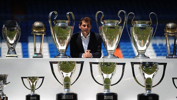 Iker Casillas poses behind trophies he has won during his career in Real Madrid after holding a press conference with Real president Florentino Perez at the Santiago Bernabeu stadium to announce that he will be leaving Real Madrid football teamin 2015