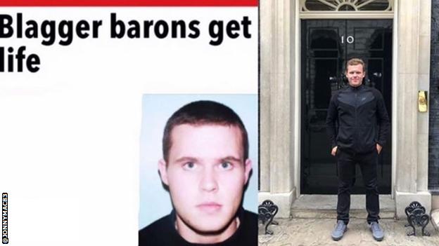 Two pictures of John McAvoy - one a mugshot after his arrest in 2005, the next standing outside 10 Downing Street