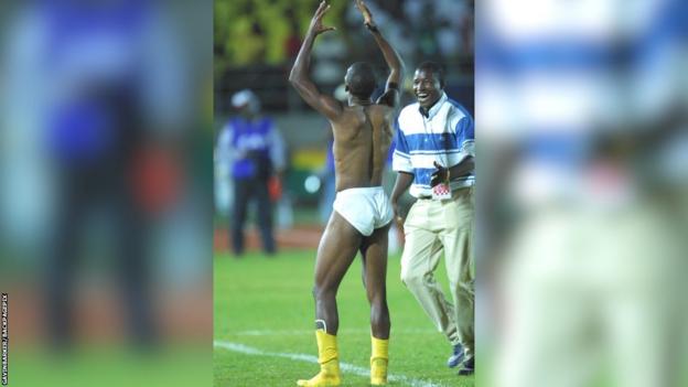 Samuel Eto'o - wearing nothing but underpants and socks - celebrates Cameroon's 2002 Africa Cup of Nations triumph