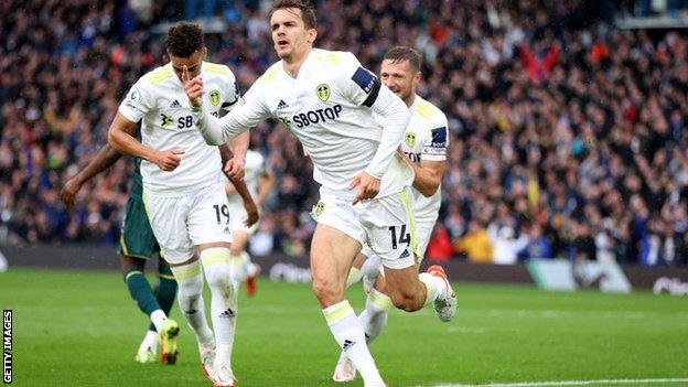 Diego Llorente celebrates scoring for Leeds