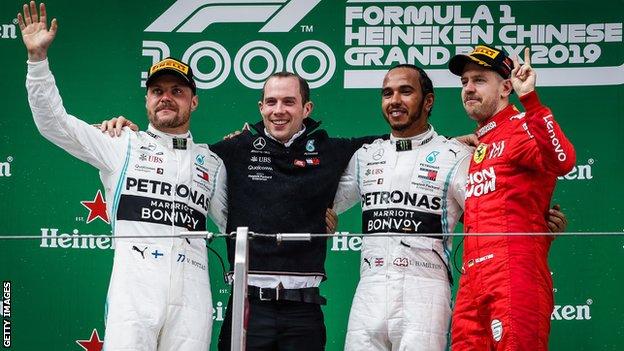 Valtteri Bottas, Lewis Hamilton and Sebastian Vettel on the podium at the Chinese GP in 2019