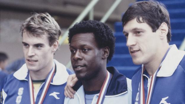 Mike McFarlane (centre) shared Commonwealth gold with Allan Wells (right) in 1982 as the pair could not be separated on the line, with Cameron Sharp (left) taking bronze